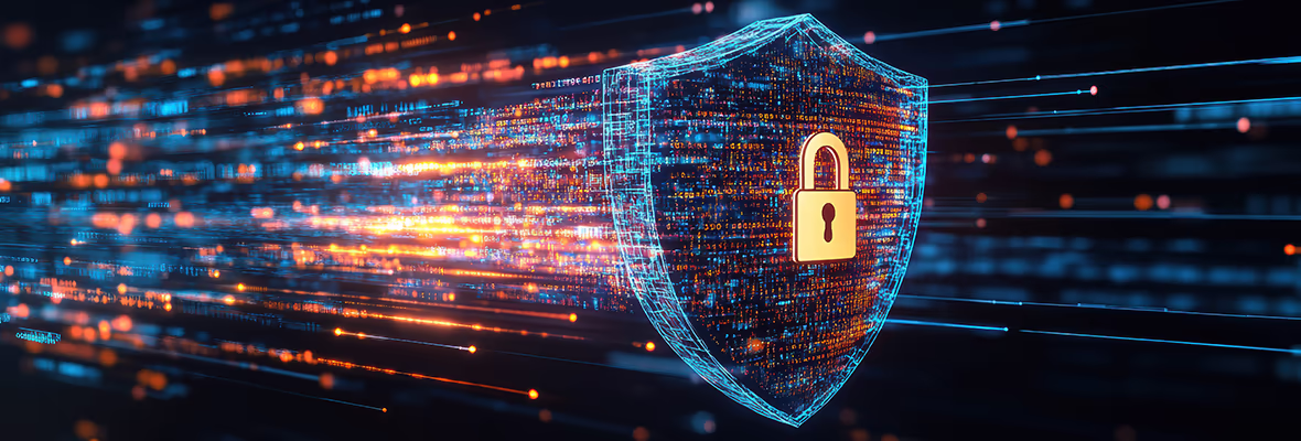 Digitales Schutzschild mit Schlosssymbol als Darstellung von Endpoint Security und Virenschutz